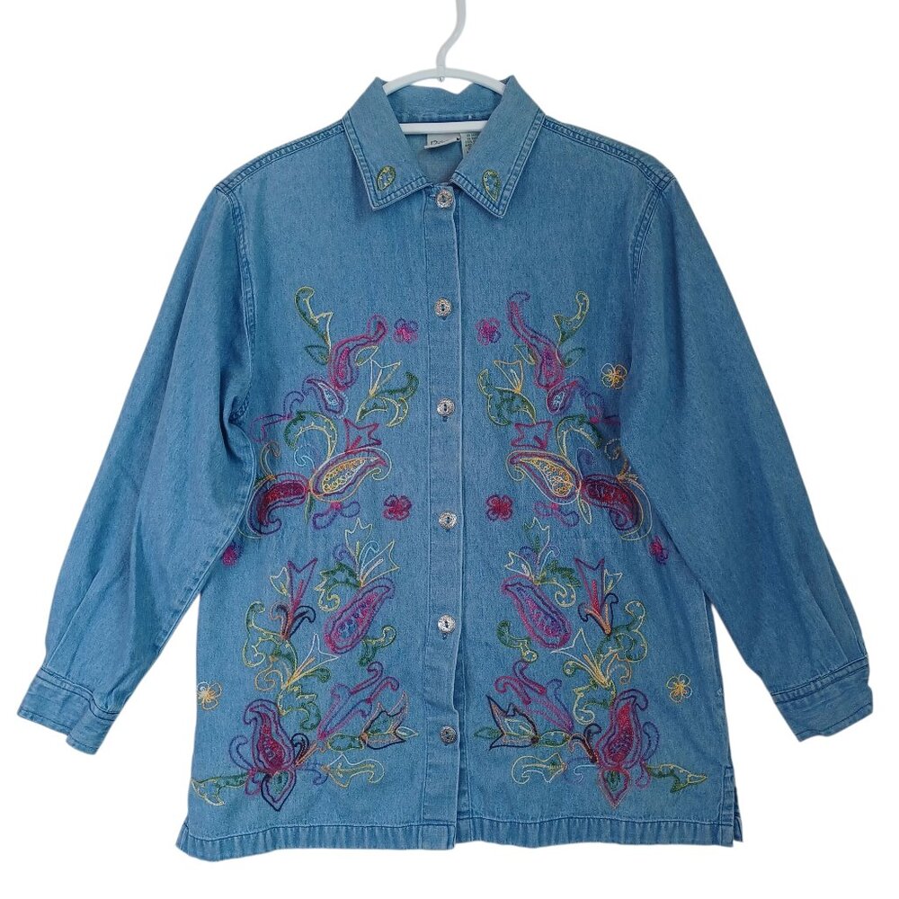 Haband Shirt Embroidered Blue Denim Button Front Long Sleeve Womens Medium 10/12